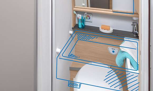 KNAUS BOXLIFE PRO 600 Interieur das optionale Raumbad mit ausklappbaren Waschtisch und Duschkabine
