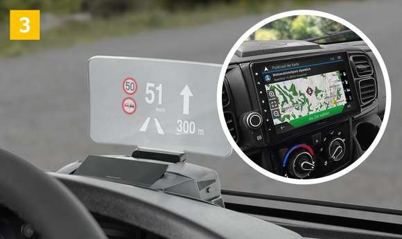 Headup Display & Navigationssystem in den teilintegrierten Reisemobilen von KNAUS