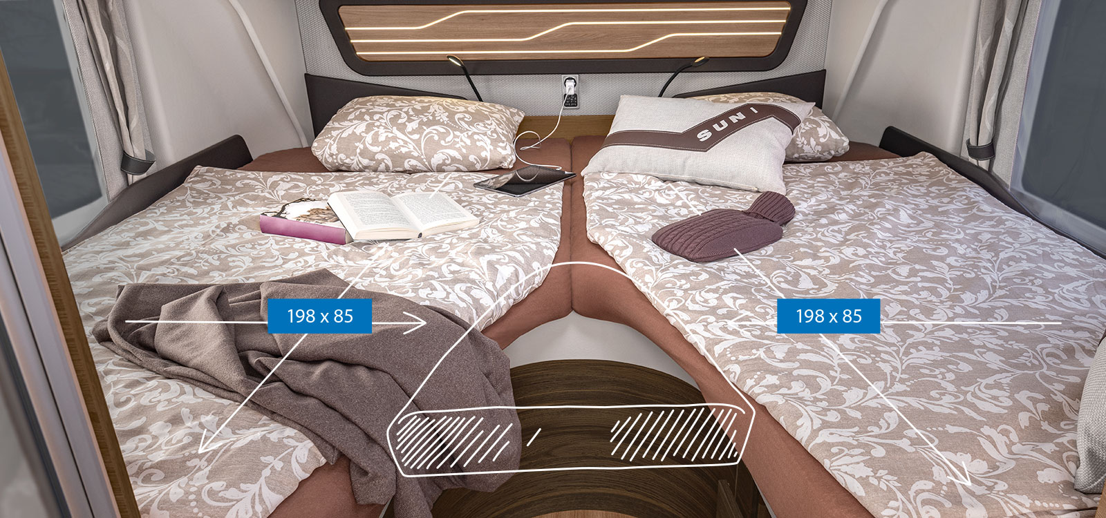 Variante Einzelbett in den integrierten Reisemobilen von KNAUS 